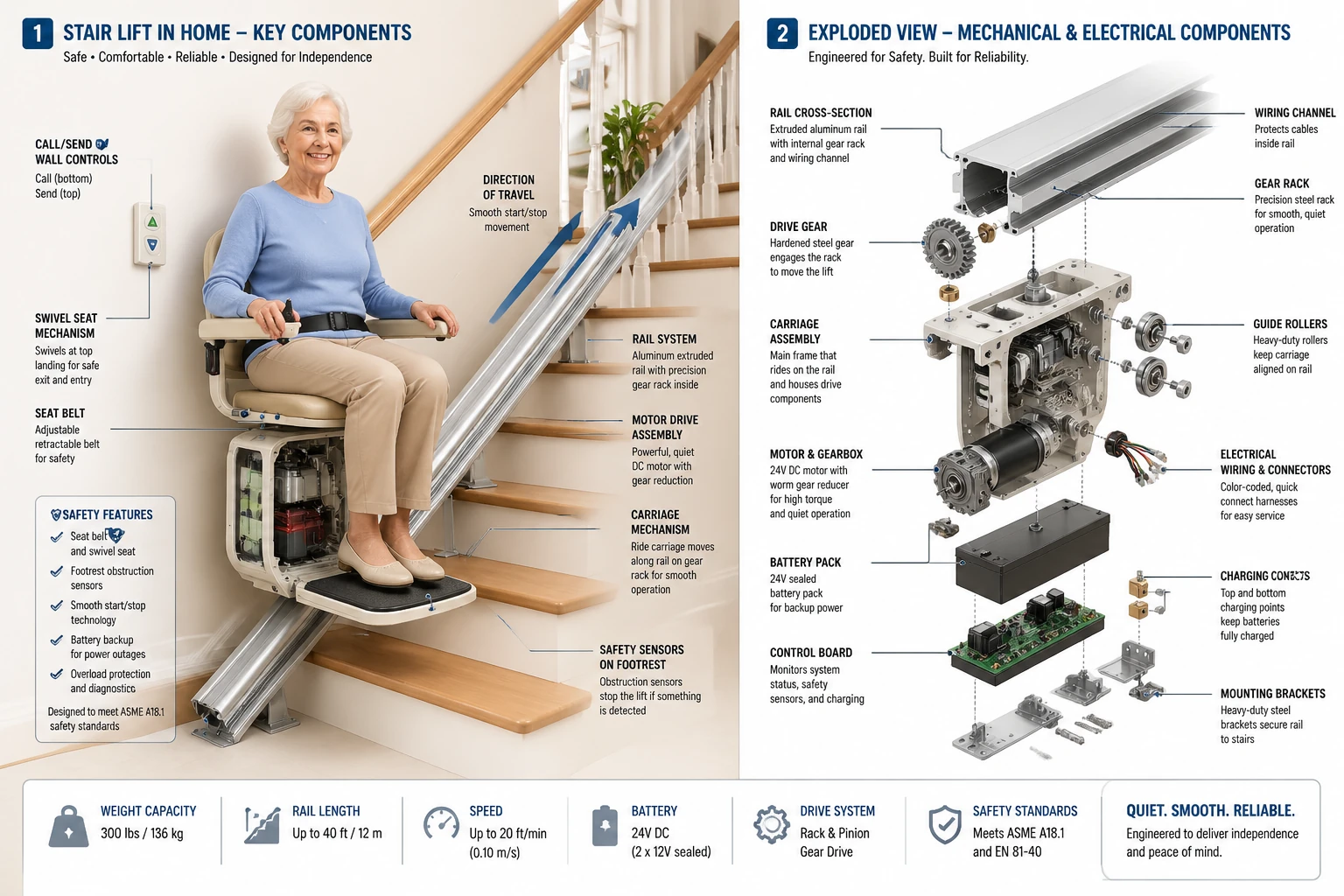 Modern stair lift installation in a residential home showing safe mobility for seniors on stairs